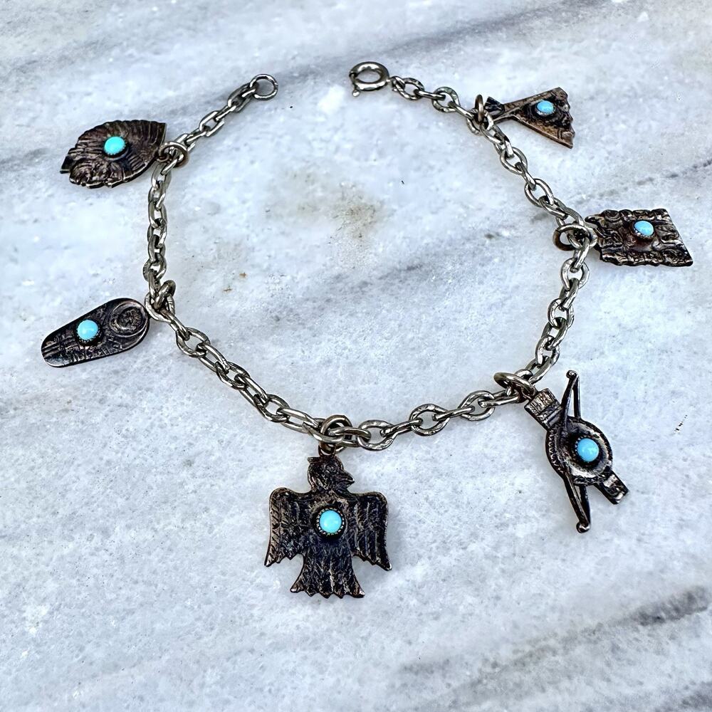 Vintage Southwest Charm Bracelet Brass Silver Tone Turquoise Thunderbird Teepee